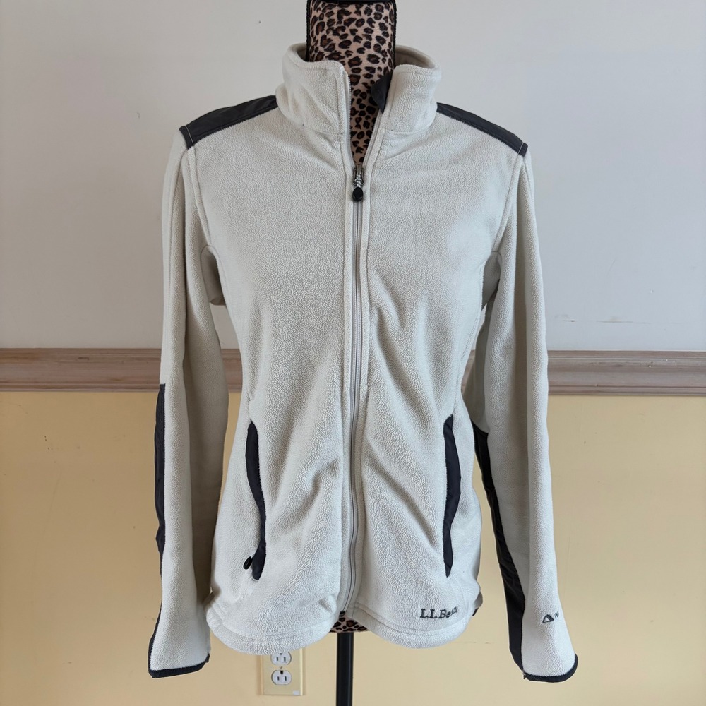 LL Bean Womens Full Zip Fleece Jacket Cream Black Reinforced Shoulders Small